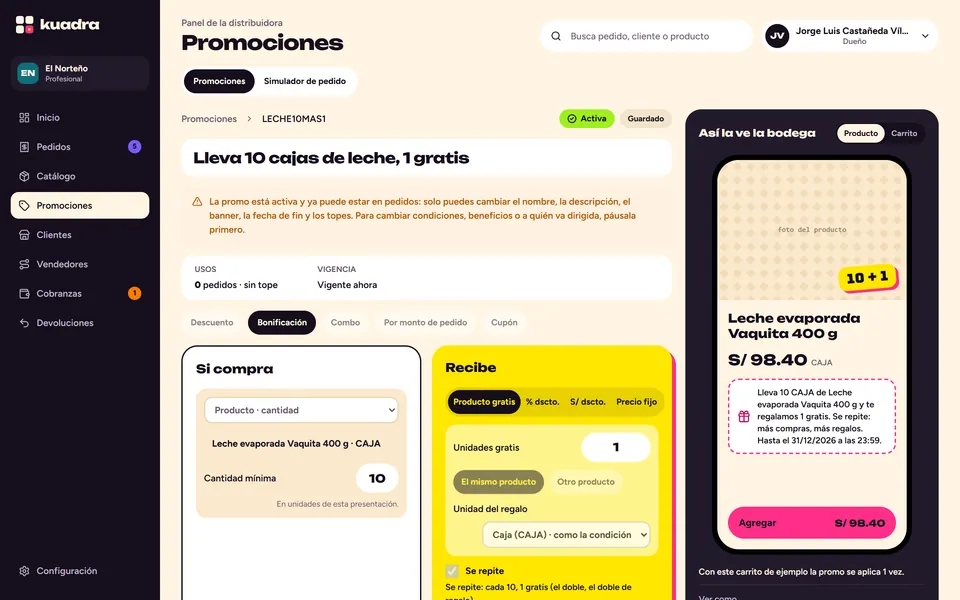 Constructor de promos Si compra / Recibe con la vista previa Así la ve la bodega