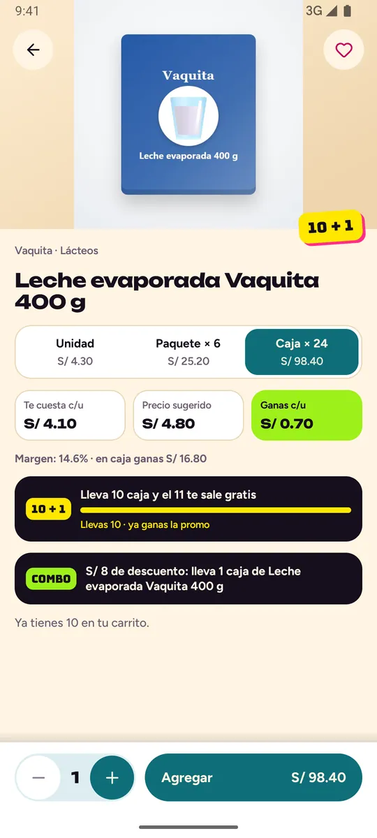 Producto con Te cuesta, Precio sugerido y Ganas c/u