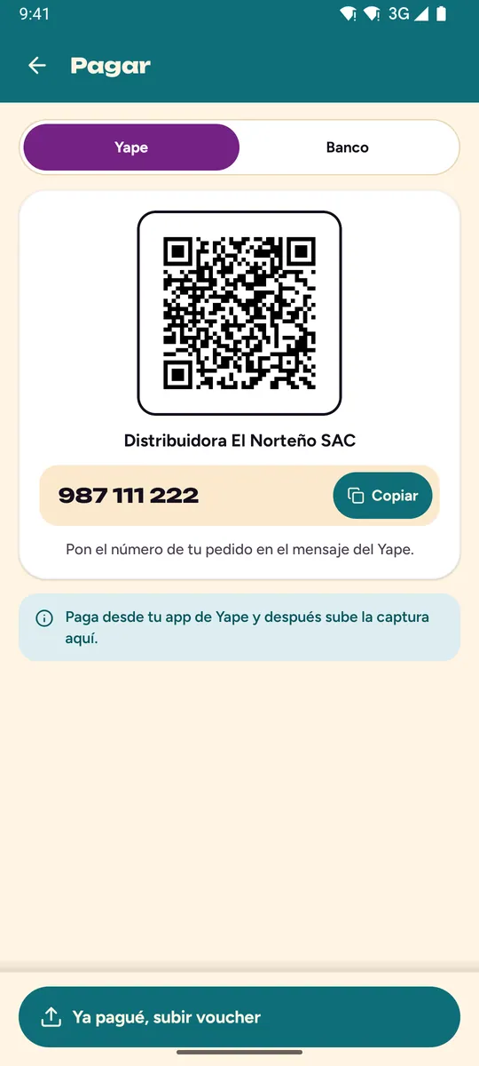 Pagar con el QR de Yape de la distribuidora y subir el voucher