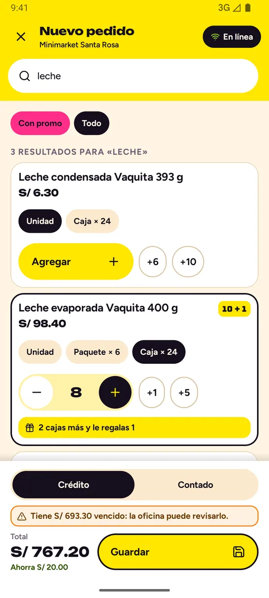 Toma de pedido con la promo en vivo 2 cajas más y le regalas 1